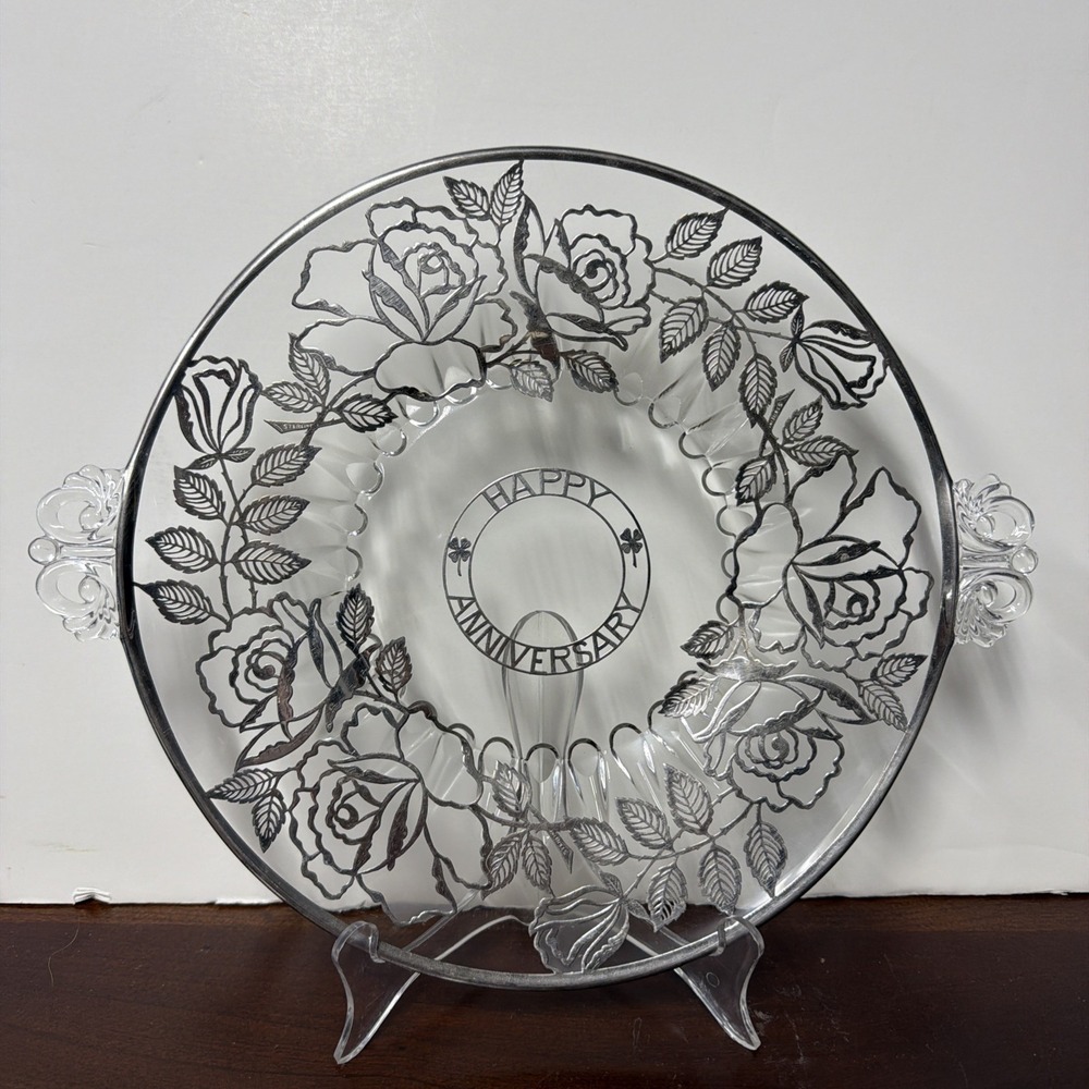 VTG Anniversary Sterling Silver Flowers Inlay Crystal Glass Footed Platter